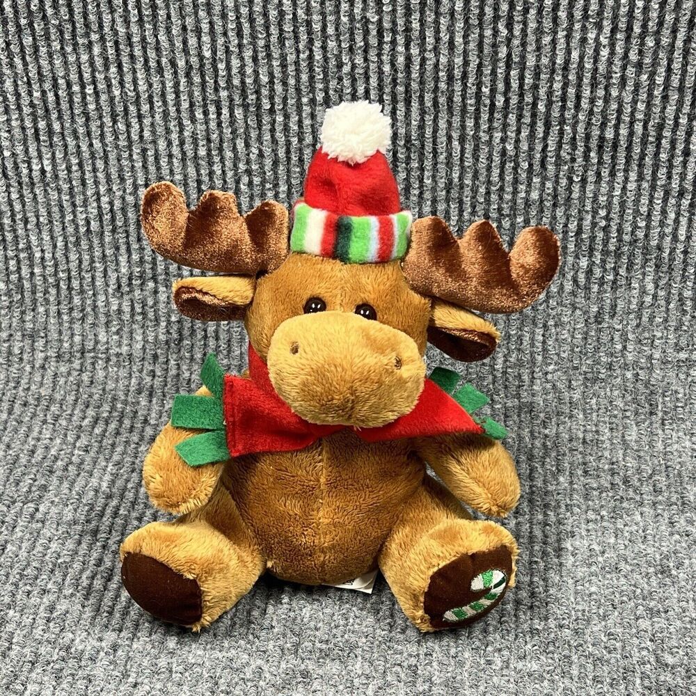 Christmas Reindeer 9" Brown Plush Red Hat‎ Candy Cane Paw Stuffed Animal Toy